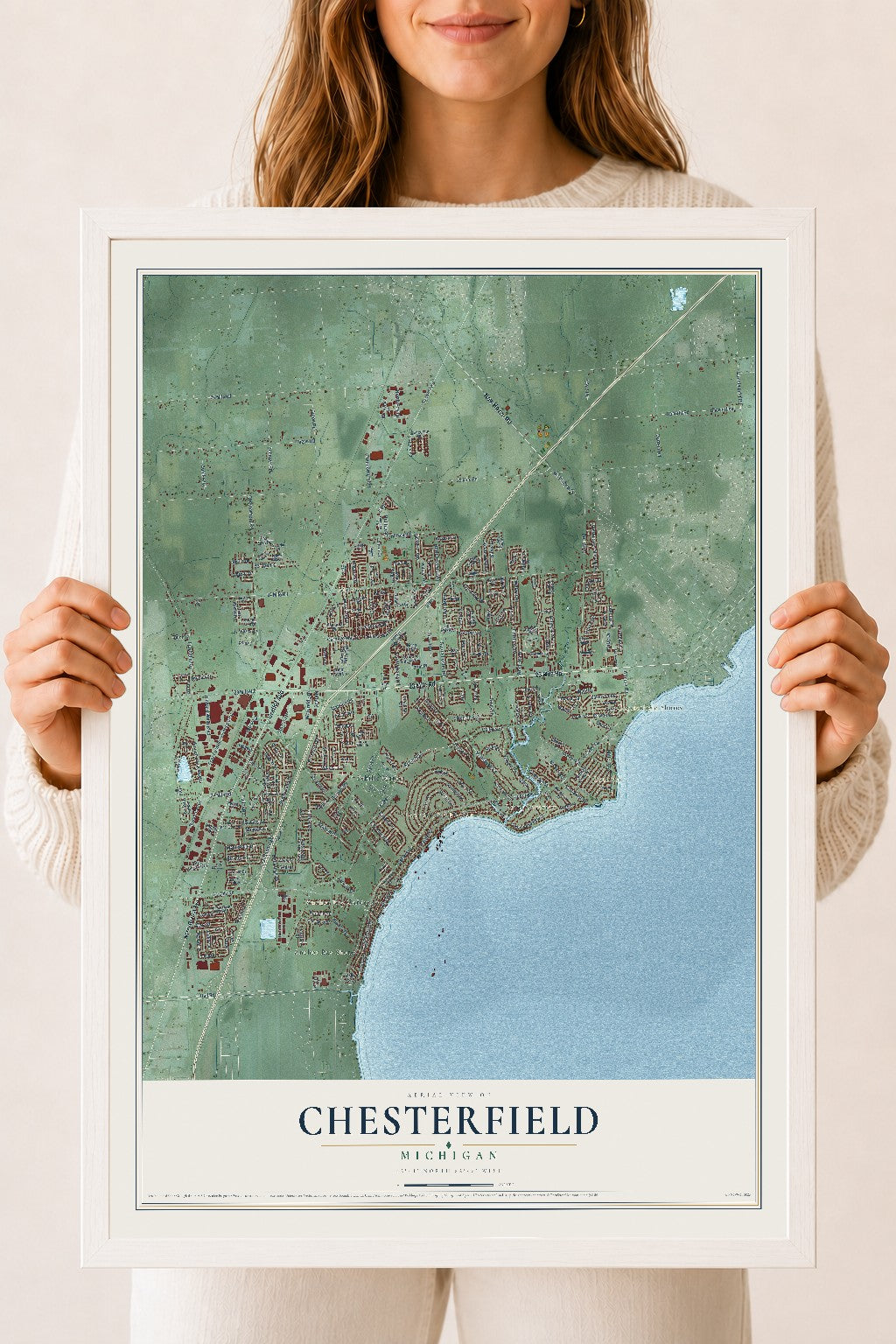 Map of Chesterfield, Michigan, 18 x 24 inch print in a white wood frame