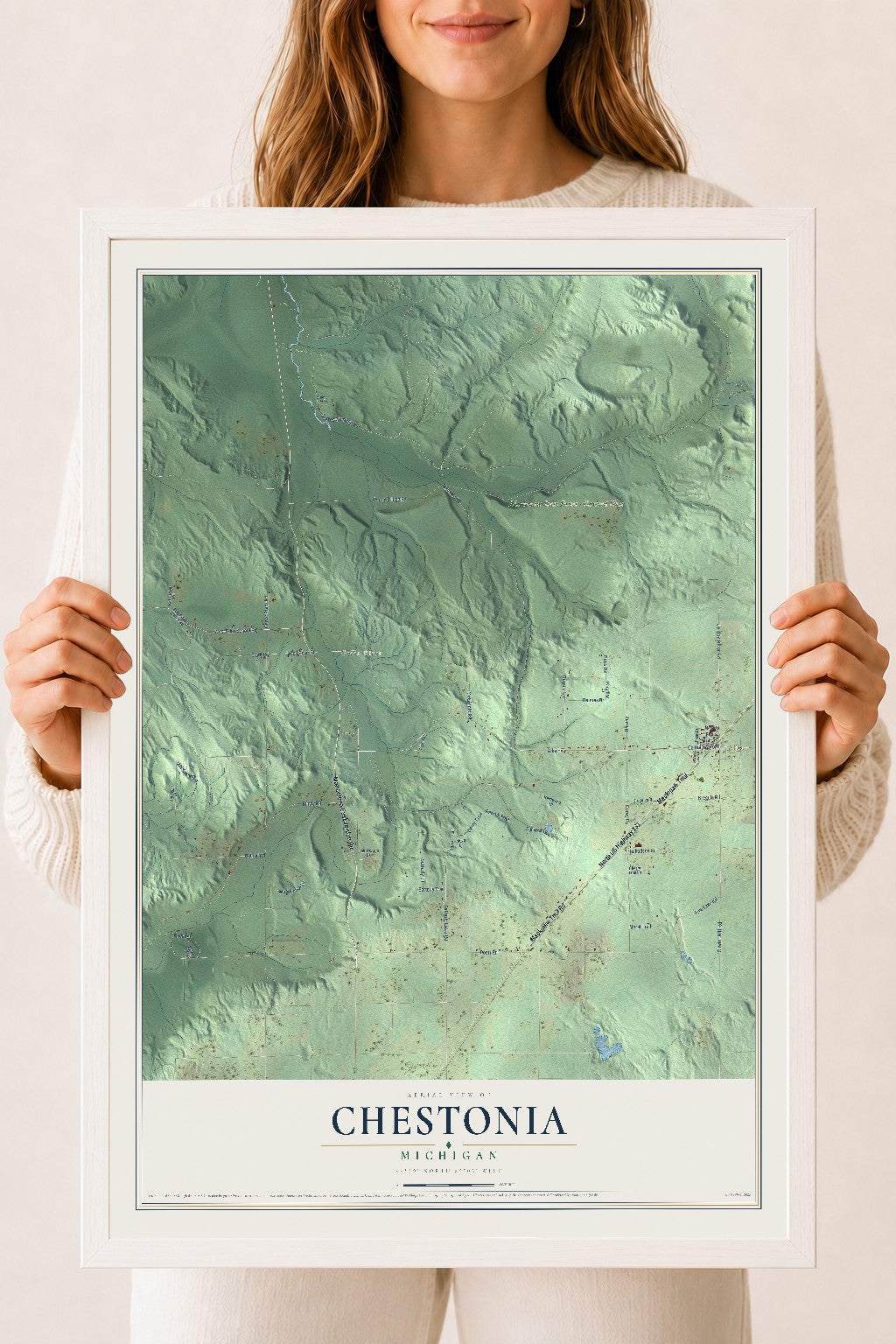 Map of Chestonia, Michigan, 18 x 24 inch print in a white wood frame