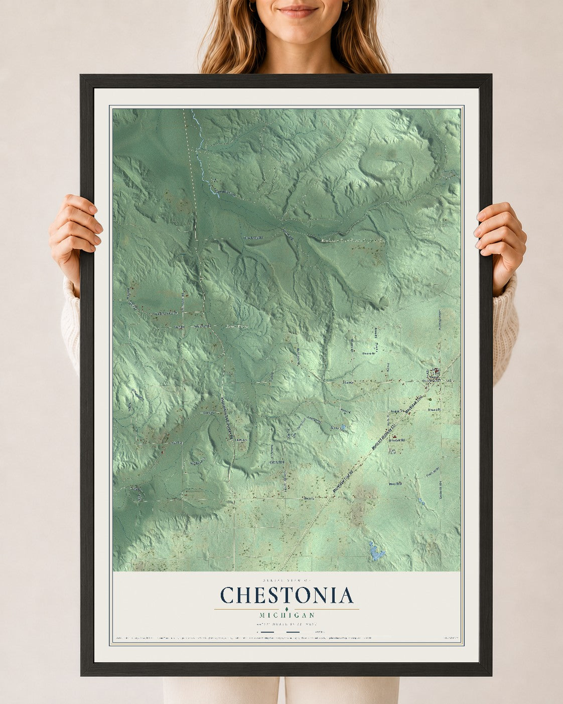 Map of Chestonia, Michigan, 24 x 36 inch print in a black wood frame