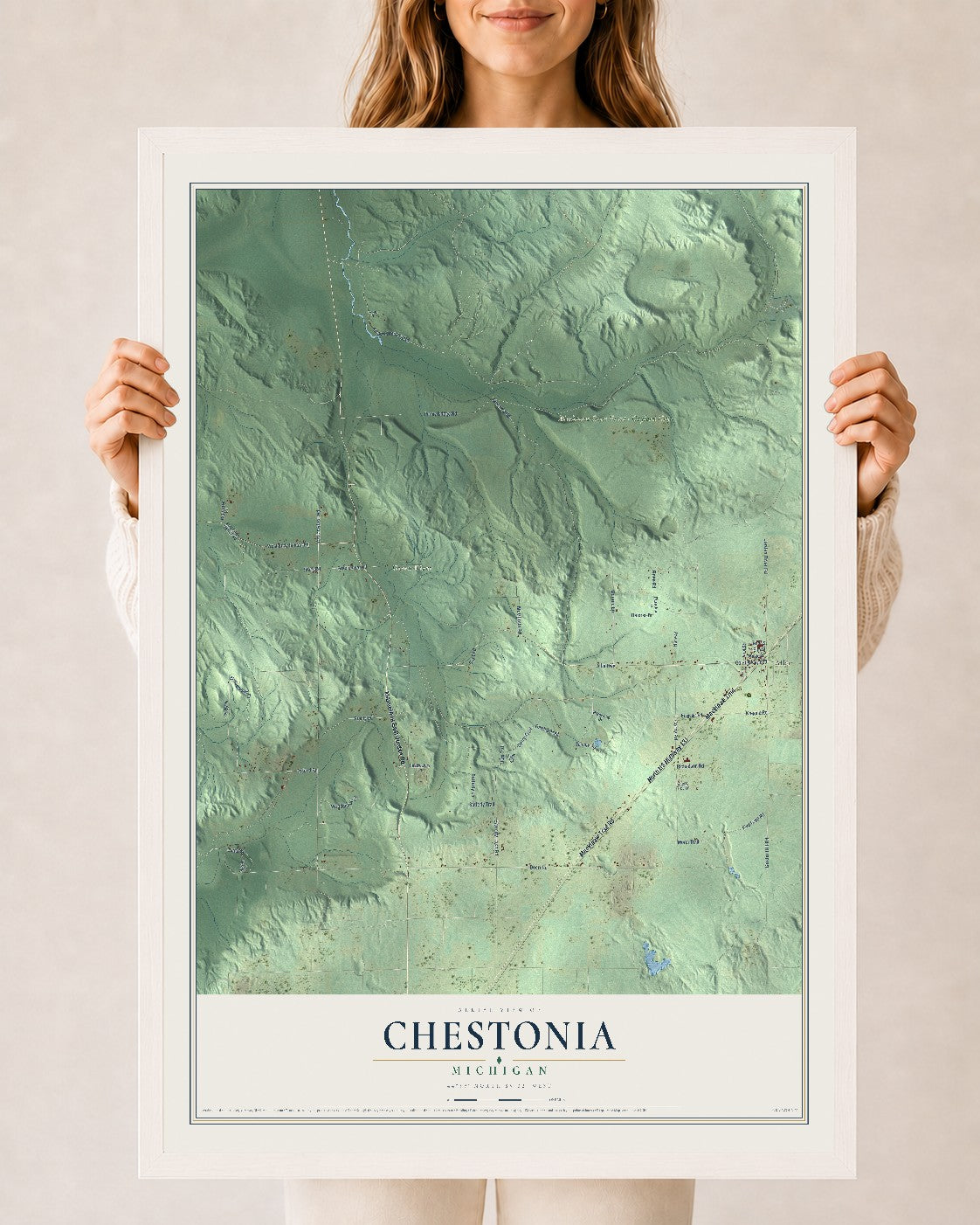 Map of Chestonia, Michigan, 24 x 36 inch print in a white wood frame
