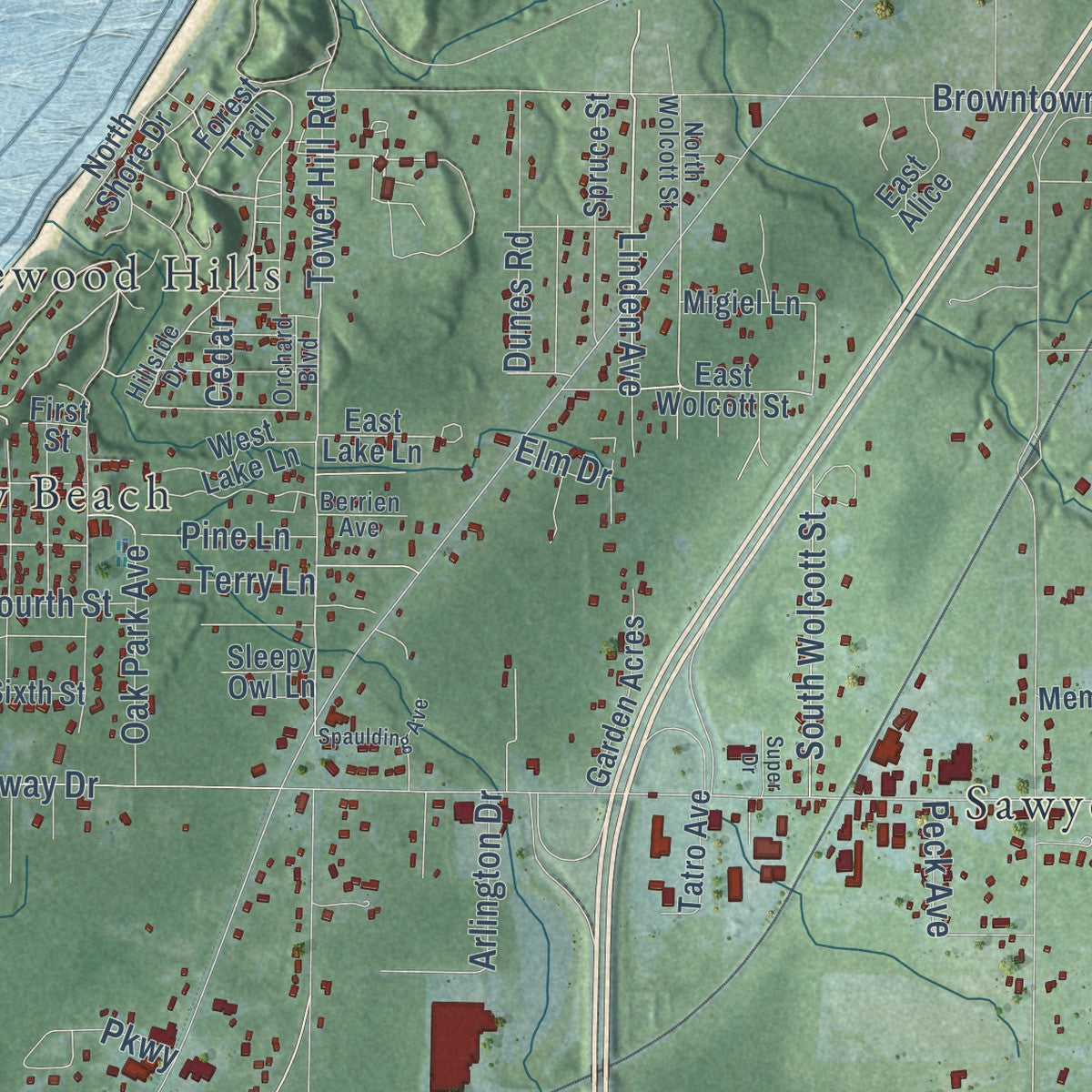 Close-up of the map of Chikaming, Michigan print showing street and building detail