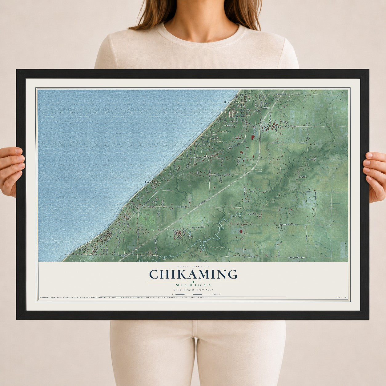 Map of Chikaming, Michigan, 18 x 24 inch print in a black wood frame