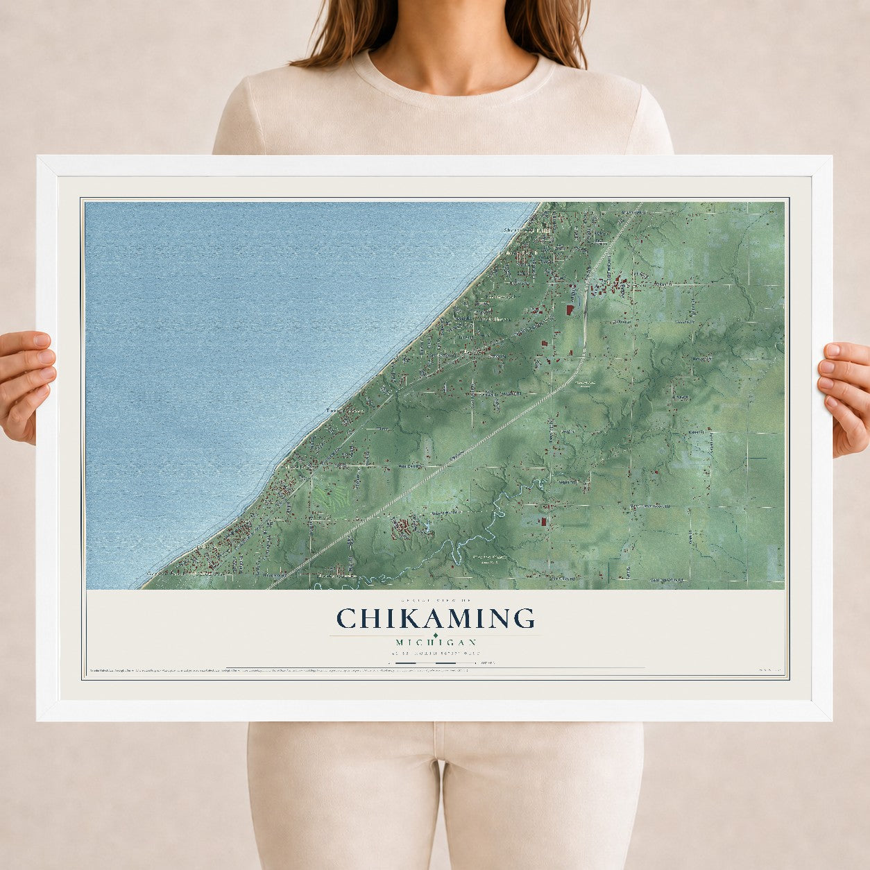 Map of Chikaming, Michigan, 18 x 24 inch print in a white wood frame