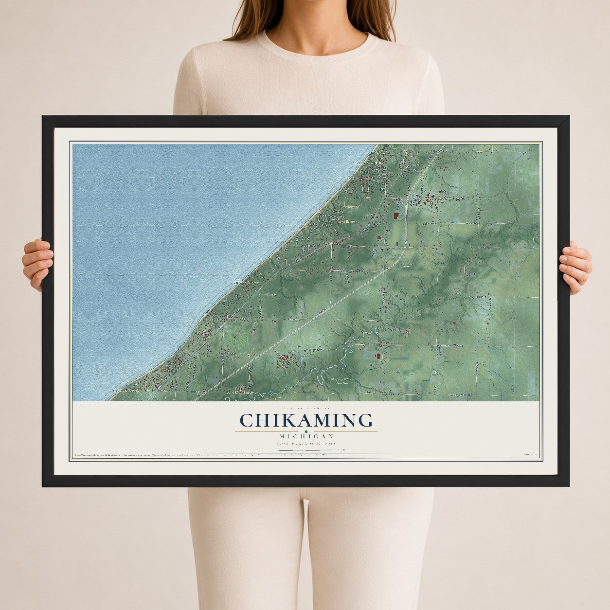 Map of Chikaming, Michigan, 24 x 36 inch print in a black wood frame