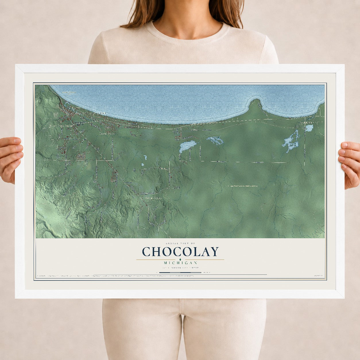 Map of Chocolay, Michigan, 18 x 24 inch print in a white wood frame