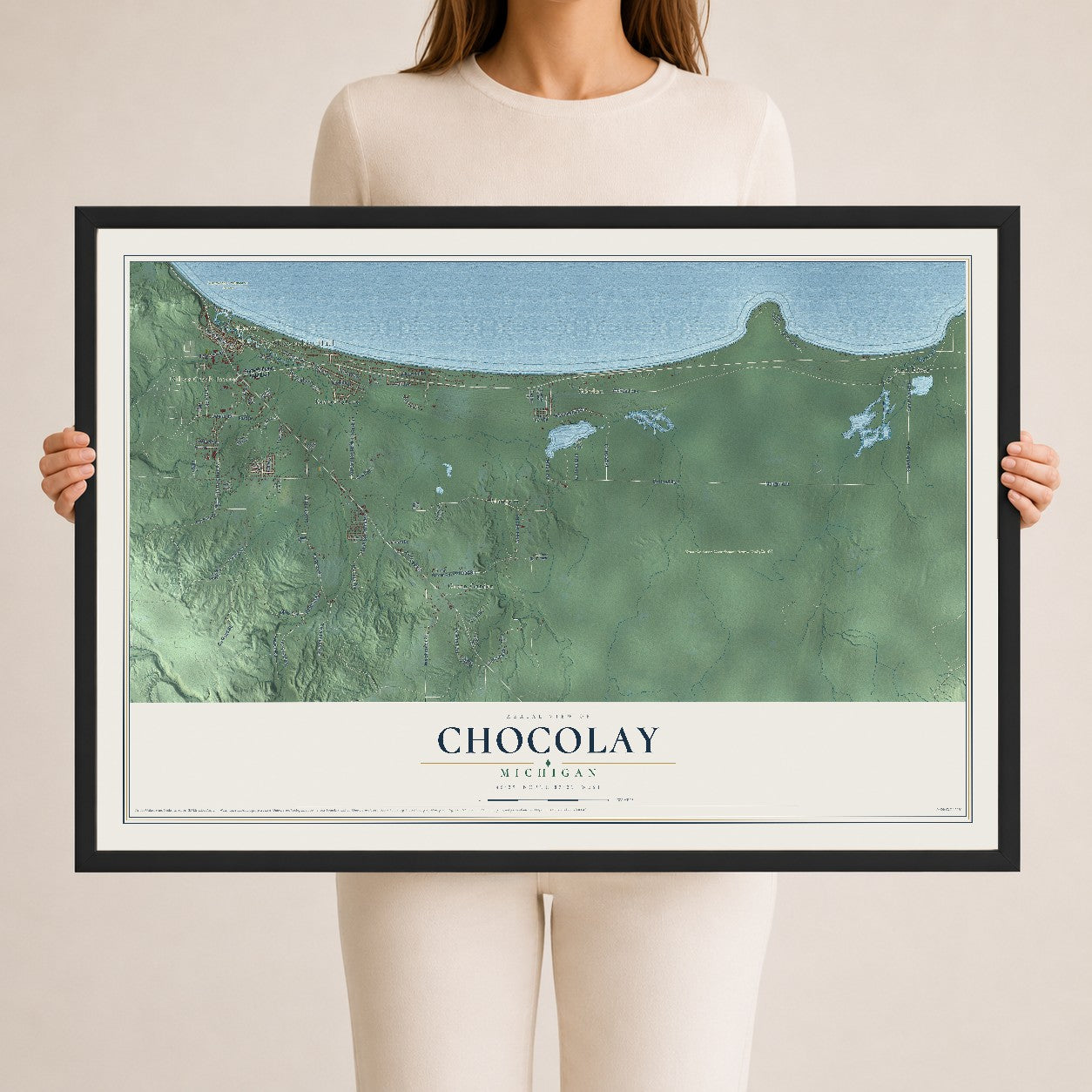 Map of Chocolay, Michigan, 24 x 36 inch print in a black wood frame