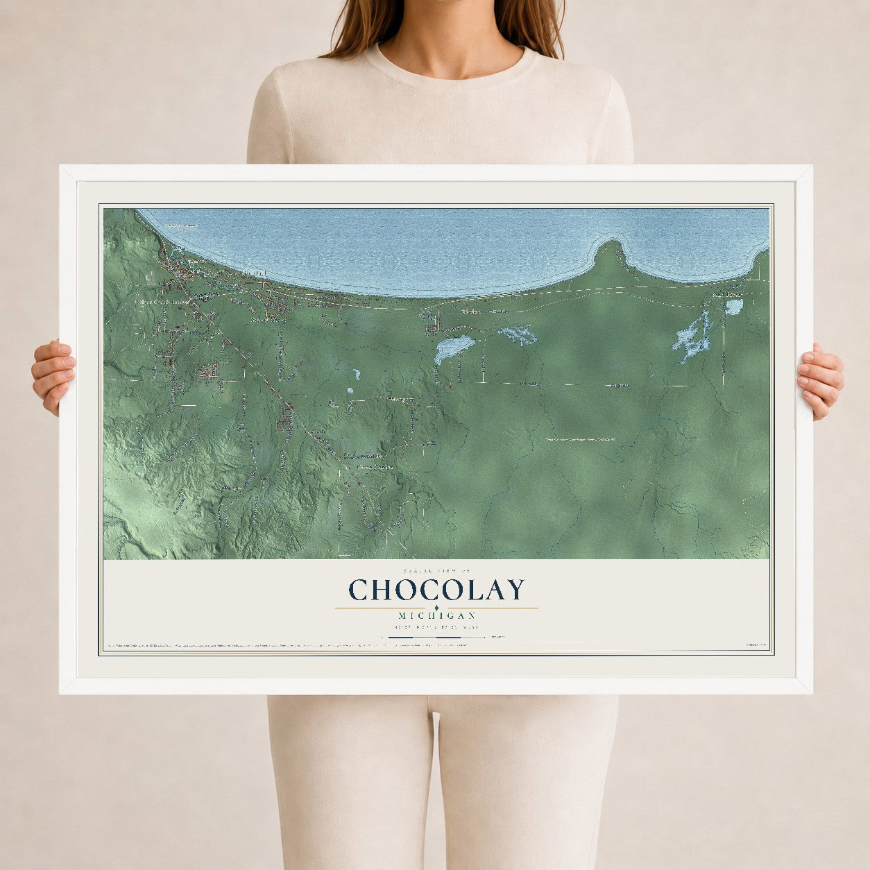 Map of Chocolay, Michigan, 24 x 36 inch print in a white wood frame