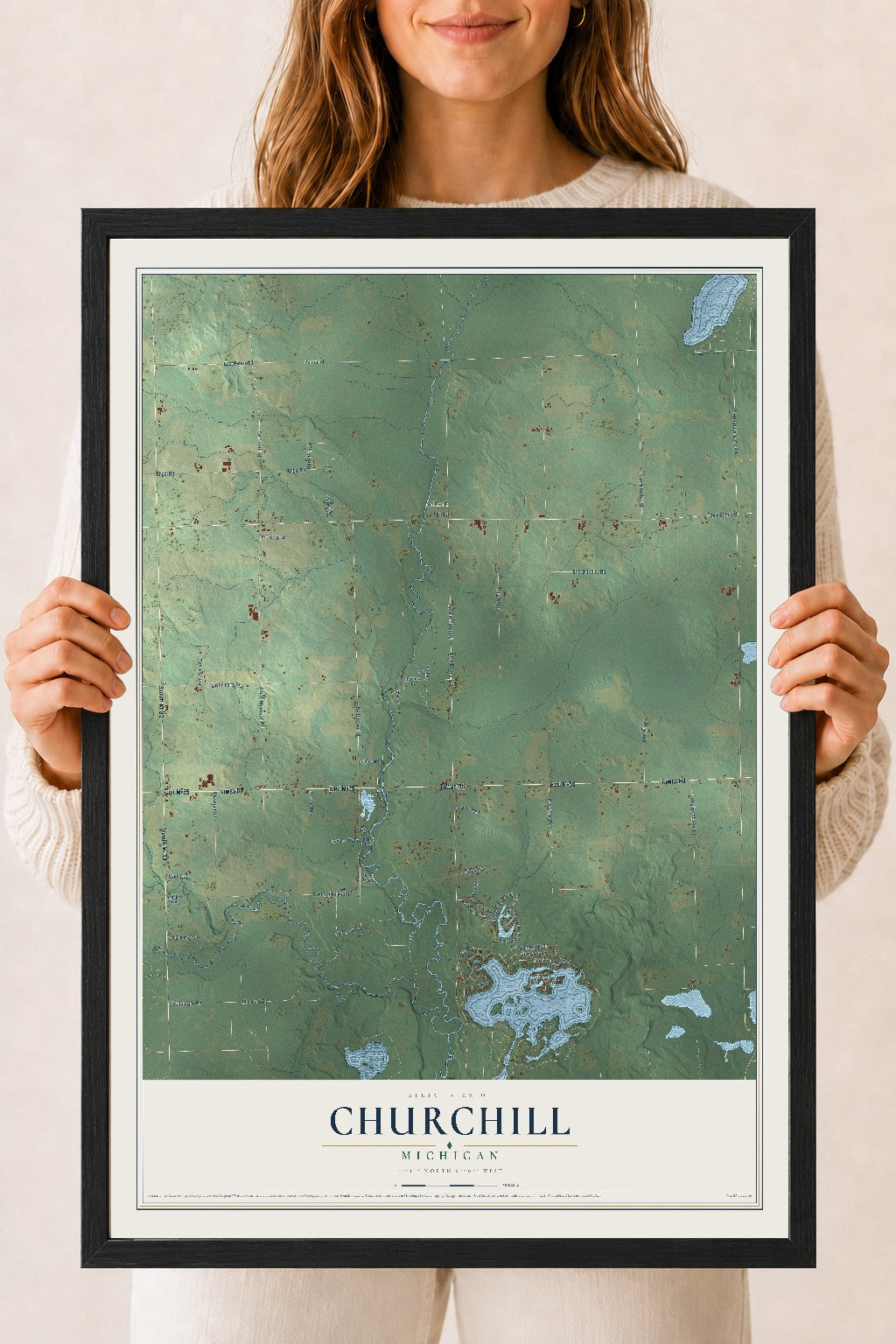 Map of Churchill, Michigan, 18 x 24 inch print in a black wood frame