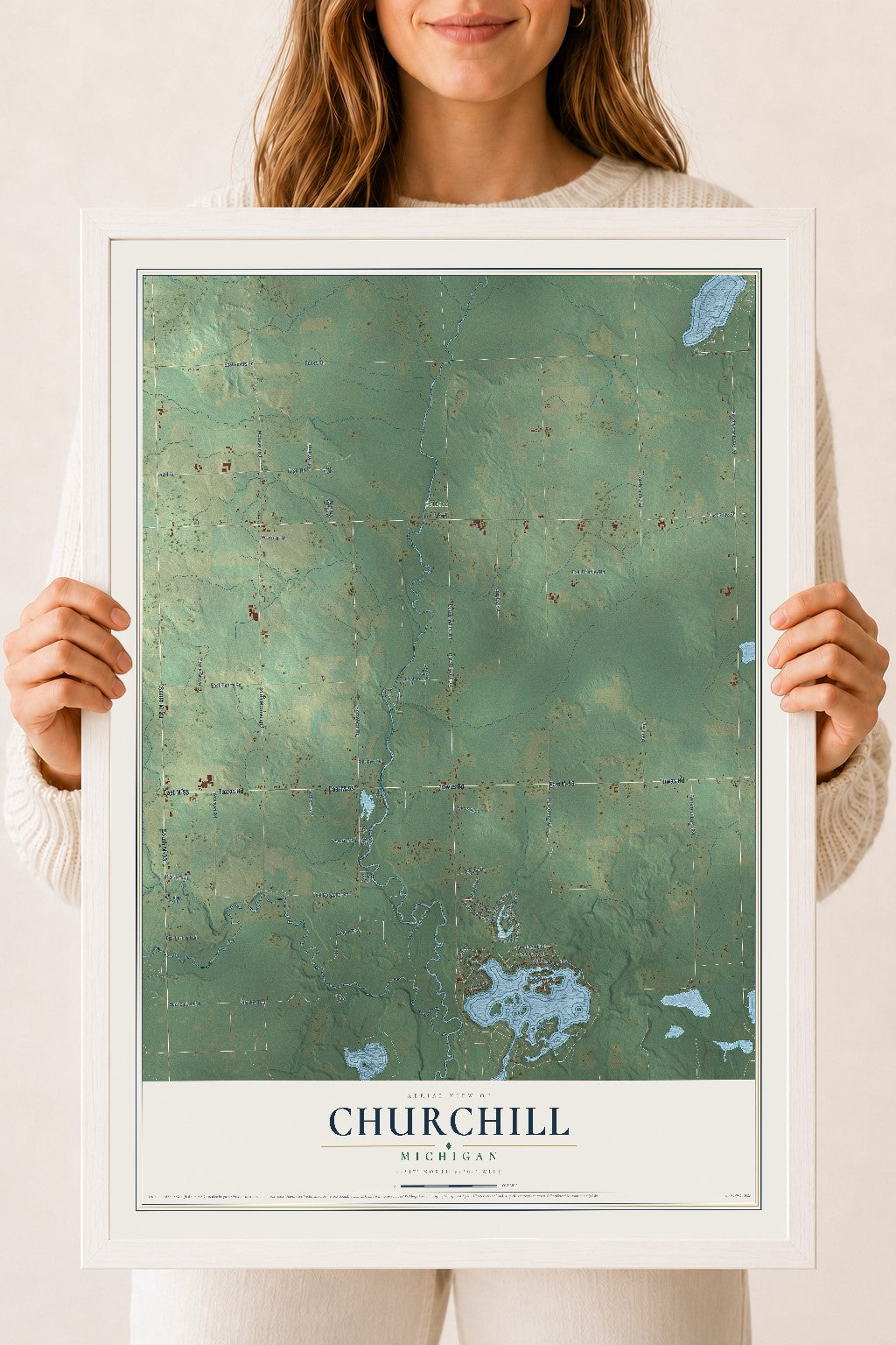 Map of Churchill, Michigan, 18 x 24 inch print in a white wood frame