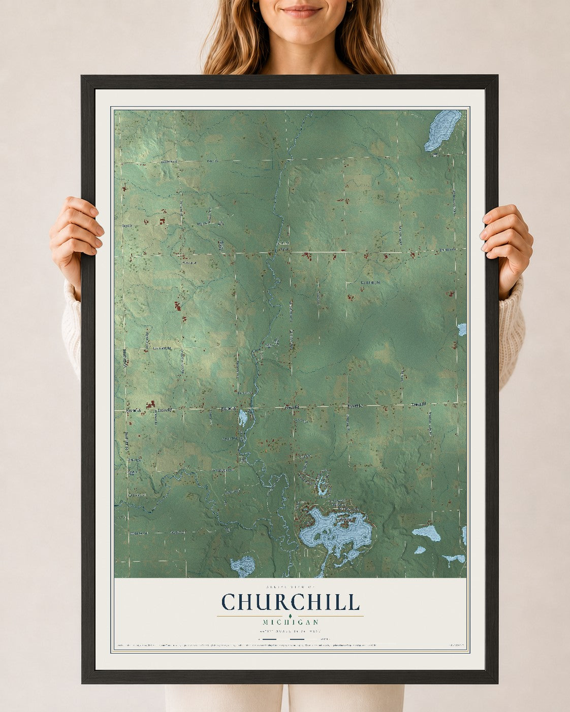 Map of Churchill, Michigan, 24 x 36 inch print in a black wood frame