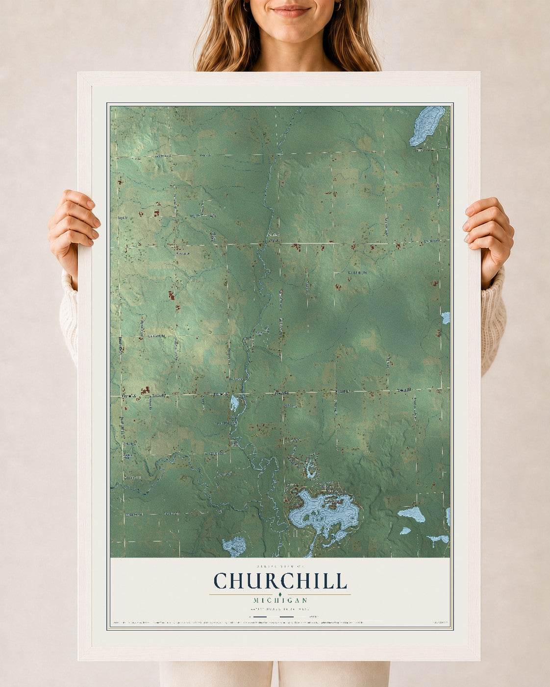 Map of Churchill, Michigan, 24 x 36 inch print in a white wood frame