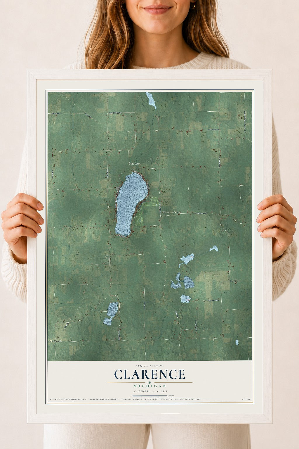 Map of Clarence, Michigan, 18 x 24 inch print in a white wood frame