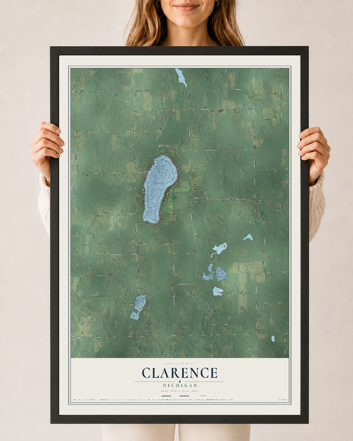 Map of Clarence, Michigan, 24 x 36 inch print in a black wood frame