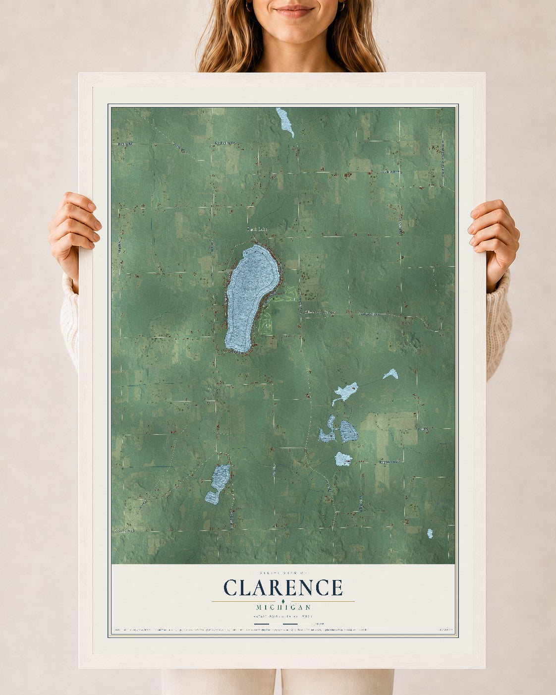 Map of Clarence, Michigan, 24 x 36 inch print in a white wood frame