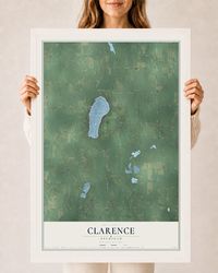 Map of Clarence, Michigan, 24 x 36 inch print in a white wood frame