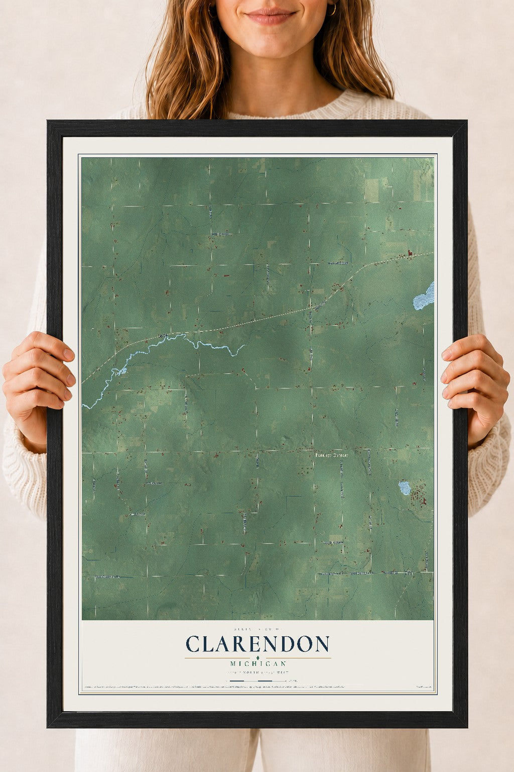 Map of Clarendon, Michigan, 18 x 24 inch print in a black wood frame
