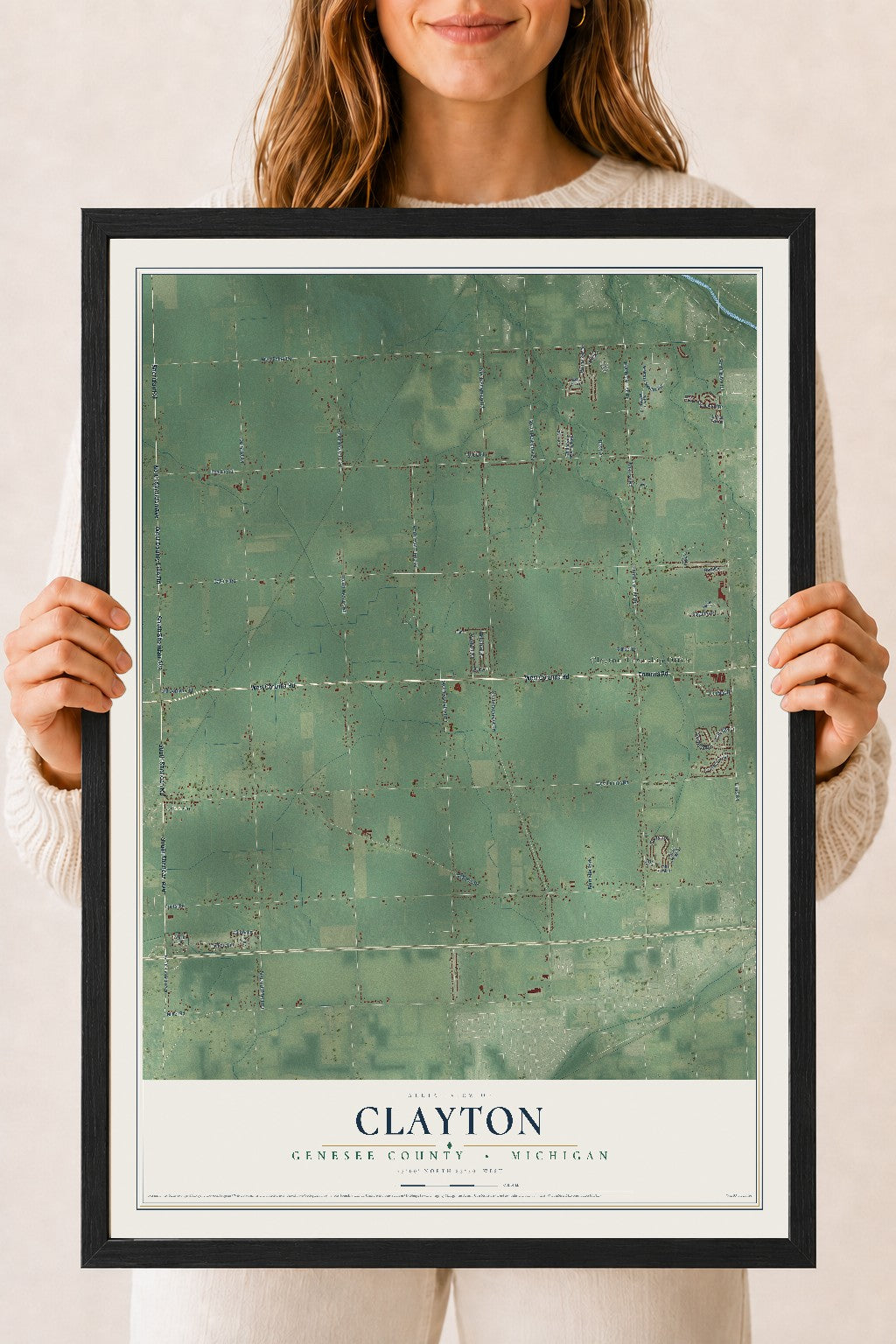 Map of Clayton, Genesee County, Michigan, 18 x 24 inch print in a black wood frame