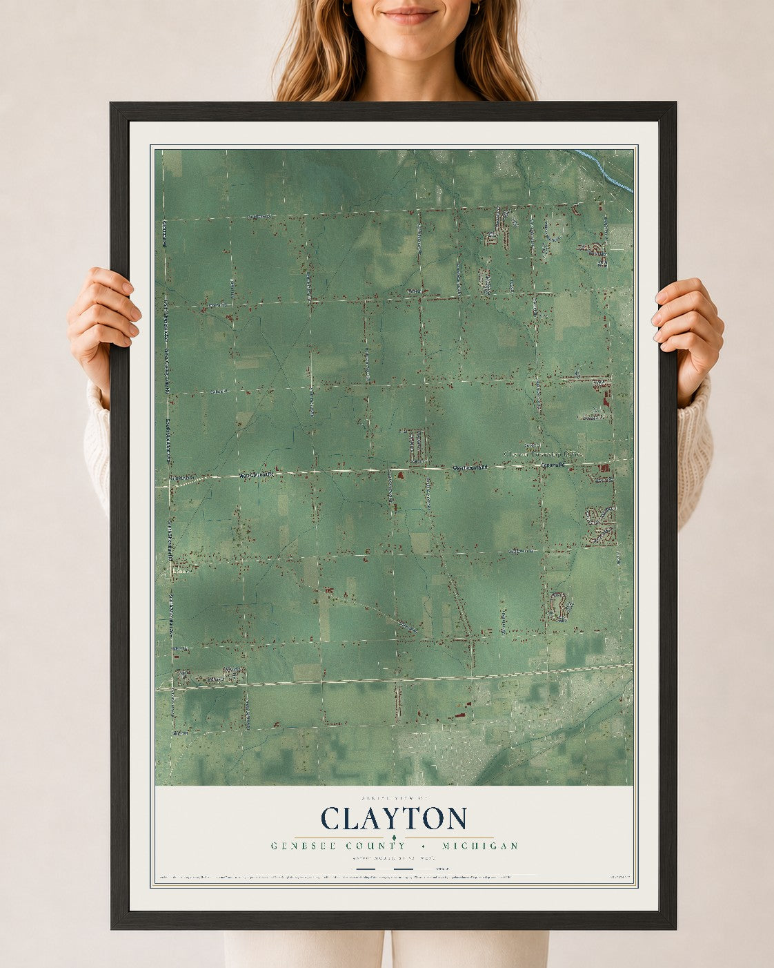 Map of Clayton, Genesee County, Michigan, 24 x 36 inch print in a black wood frame