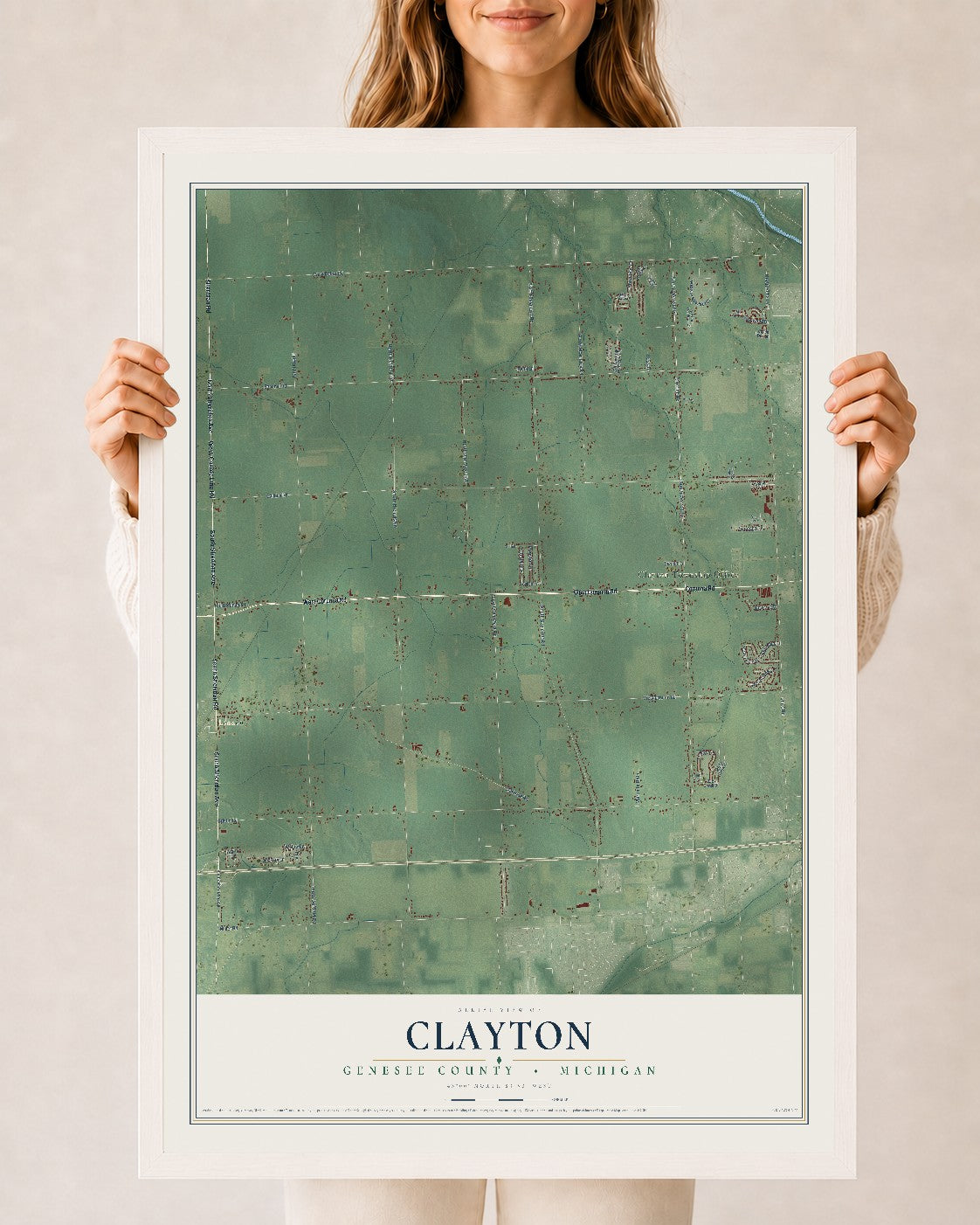 Map of Clayton, Genesee County, Michigan, 24 x 36 inch print in a white wood frame