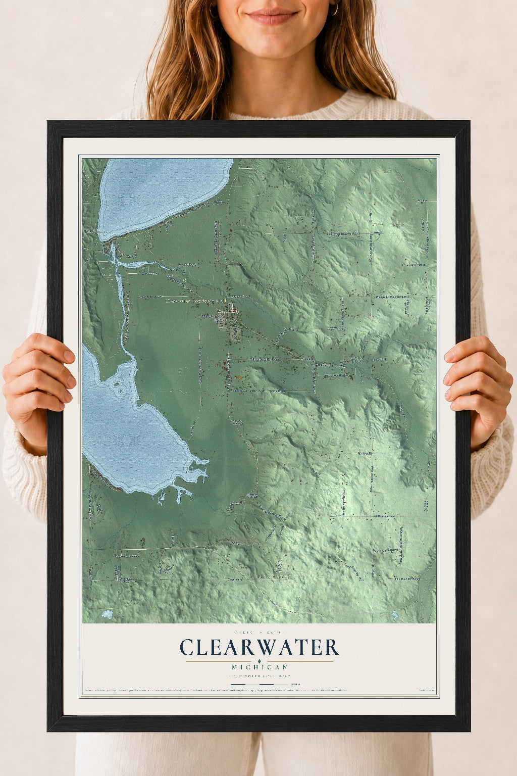 Map of Clearwater, Michigan, 18 x 24 inch print in a black wood frame