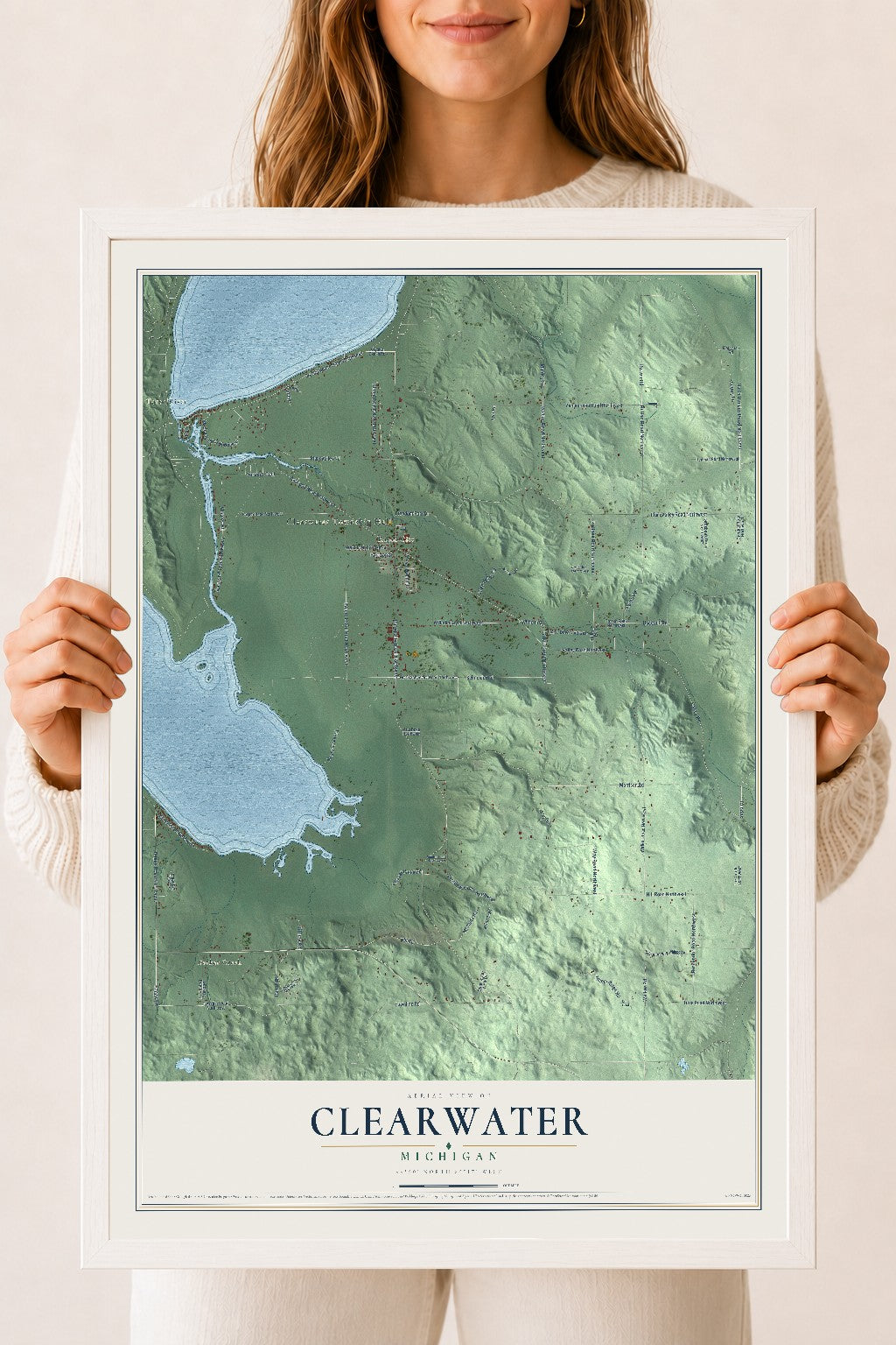Map of Clearwater, Michigan, 18 x 24 inch print in a white wood frame