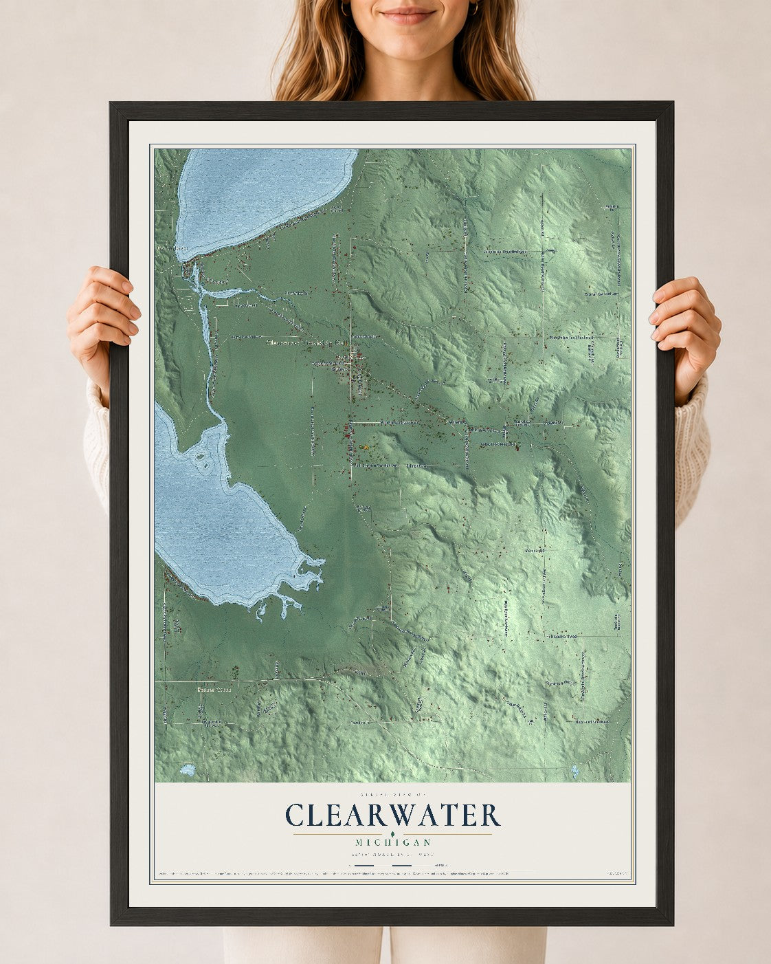 Map of Clearwater, Michigan, 24 x 36 inch print in a black wood frame