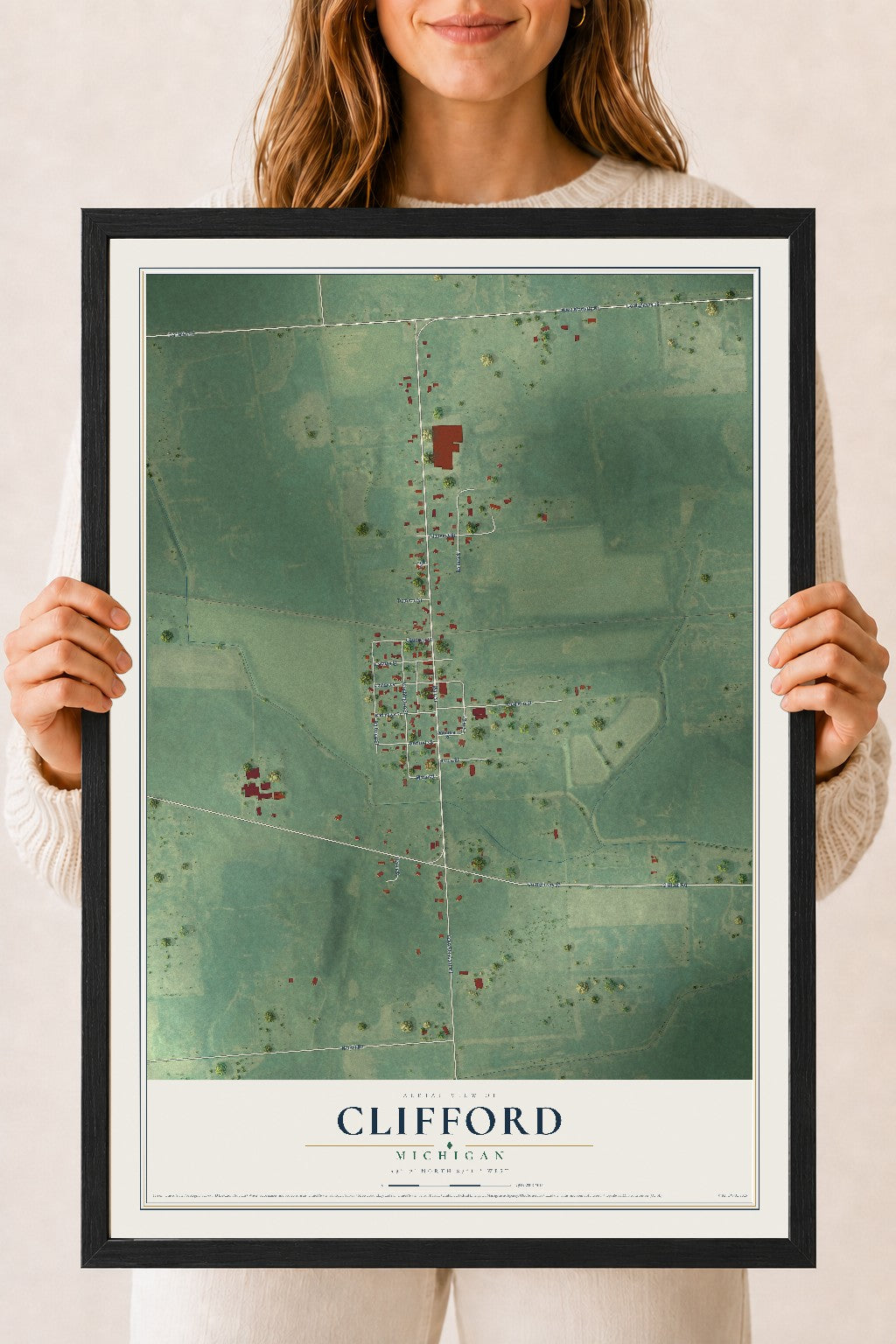 Map of Clifford, Michigan, 18 x 24 inch print in a black wood frame