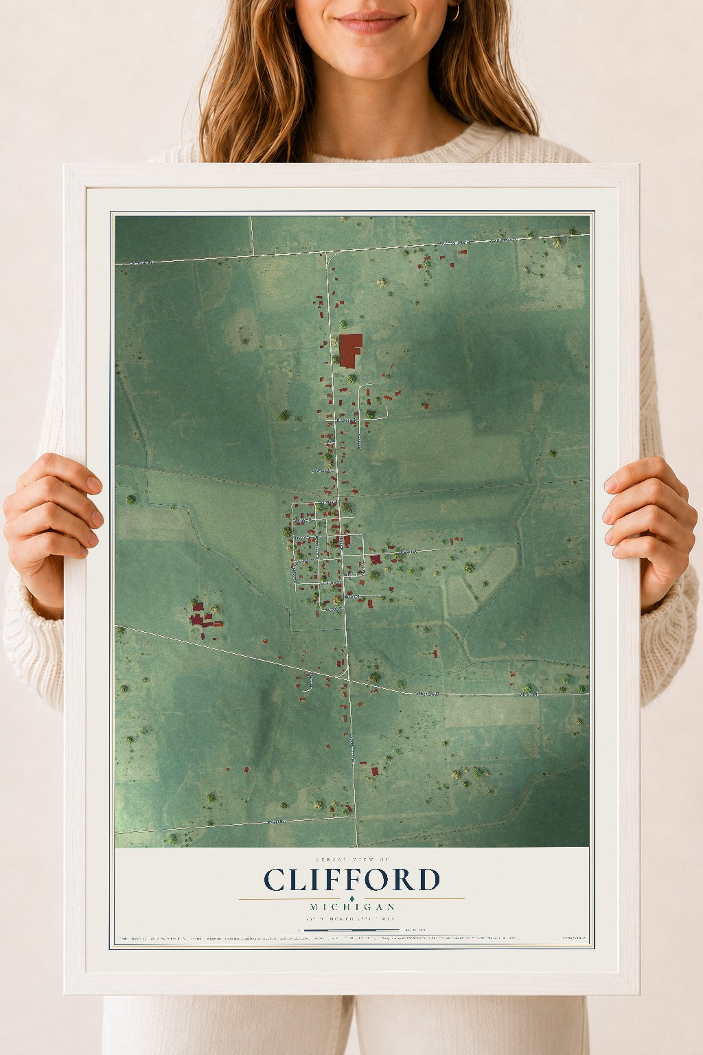 Map of Clifford, Michigan, 18 x 24 inch print in a white wood frame