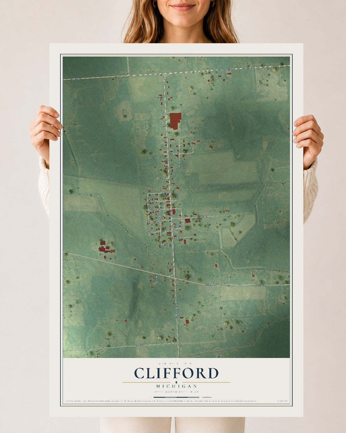Map of Clifford, Michigan, 24 x 36 inch unframed archival matte print