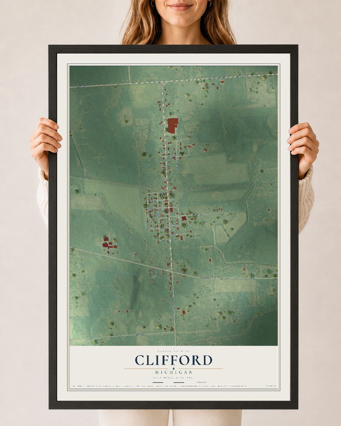 Map of Clifford, Michigan, 24 x 36 inch print in a black wood frame