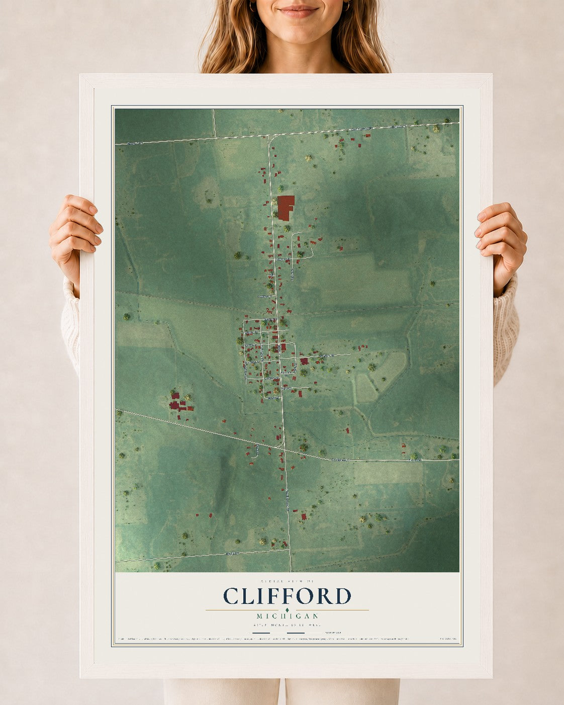 Map of Clifford, Michigan, 24 x 36 inch print in a white wood frame