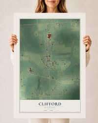 Map of Clifford, Michigan, 24 x 36 inch print in a white wood frame