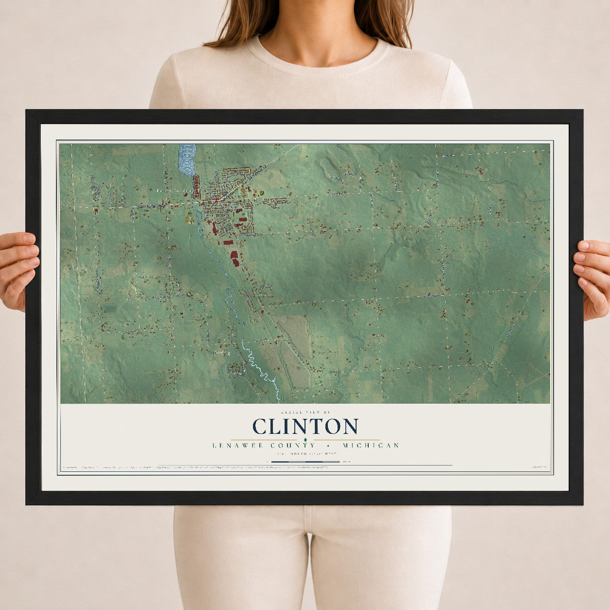Map of Clinton, Lenawee County, Michigan, 18 x 24 inch print in a black wood frame