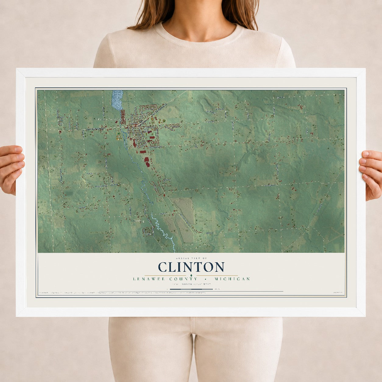 Map of Clinton, Lenawee County, Michigan, 18 x 24 inch print in a white wood frame