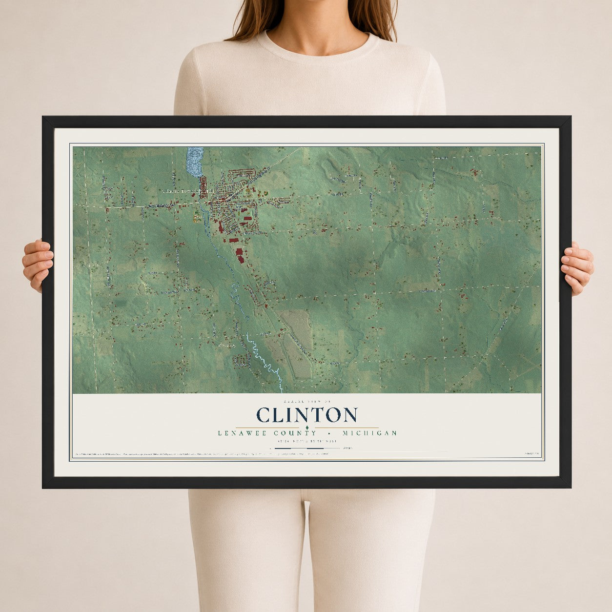 Map of Clinton, Lenawee County, Michigan, 24 x 36 inch print in a black wood frame