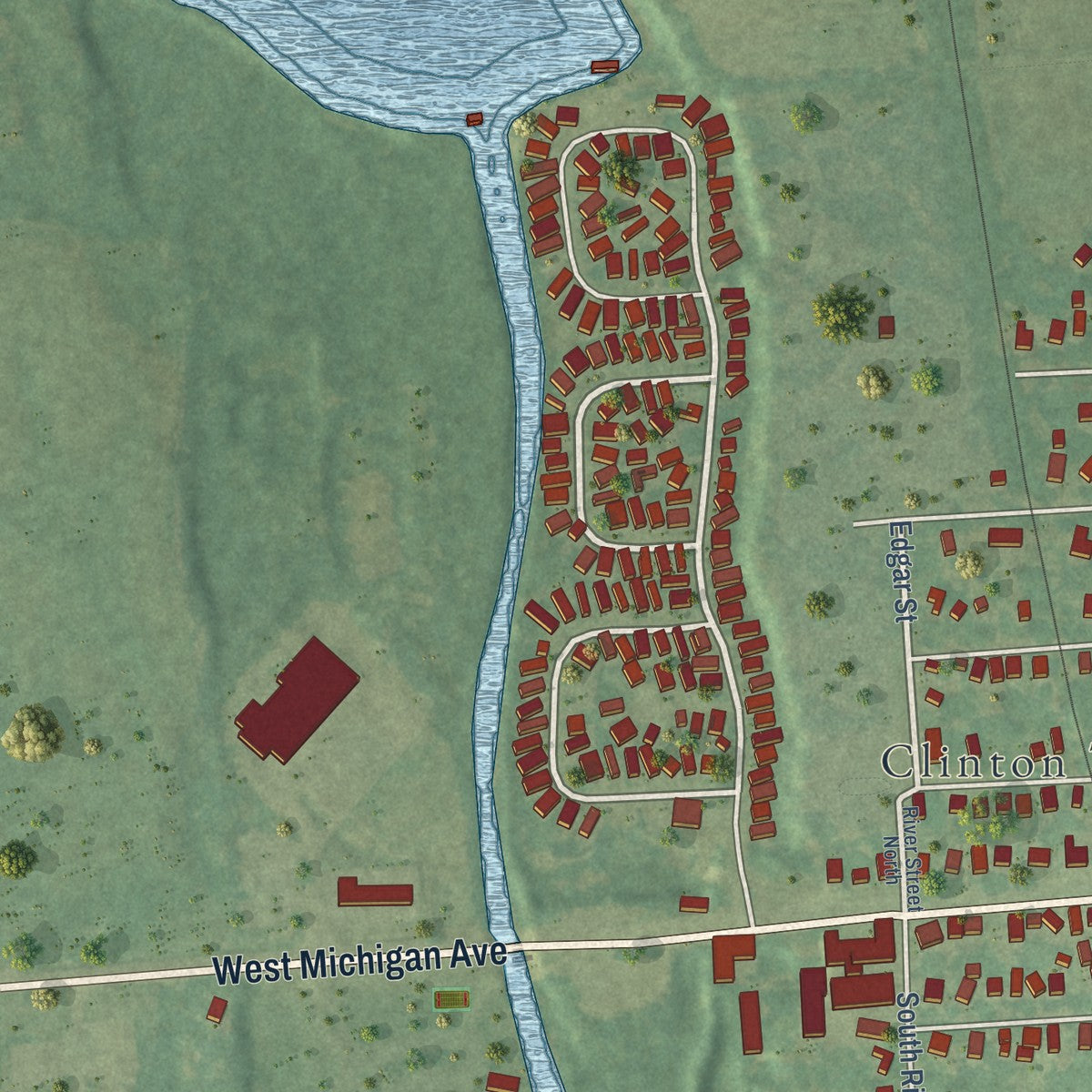 Second close-up of the map of Clinton, Michigan print showing more streets and buildings