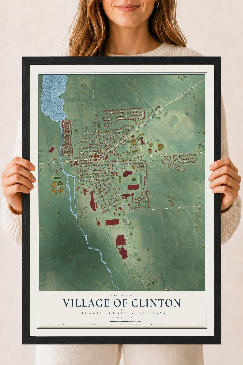 Map of Clinton, Michigan, 18 x 24 inch print in a black wood frame