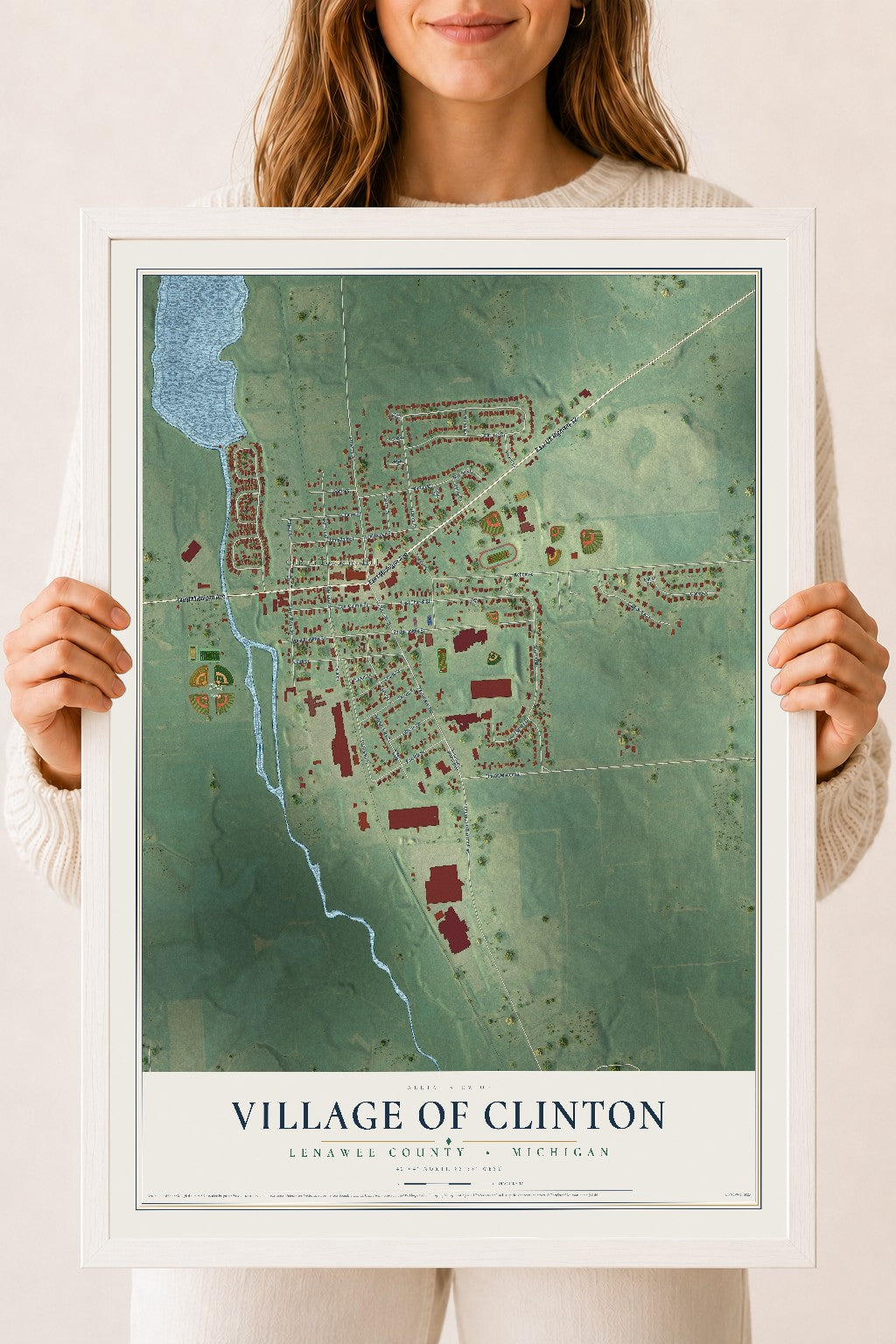 Map of Clinton, Michigan, 18 x 24 inch print in a white wood frame