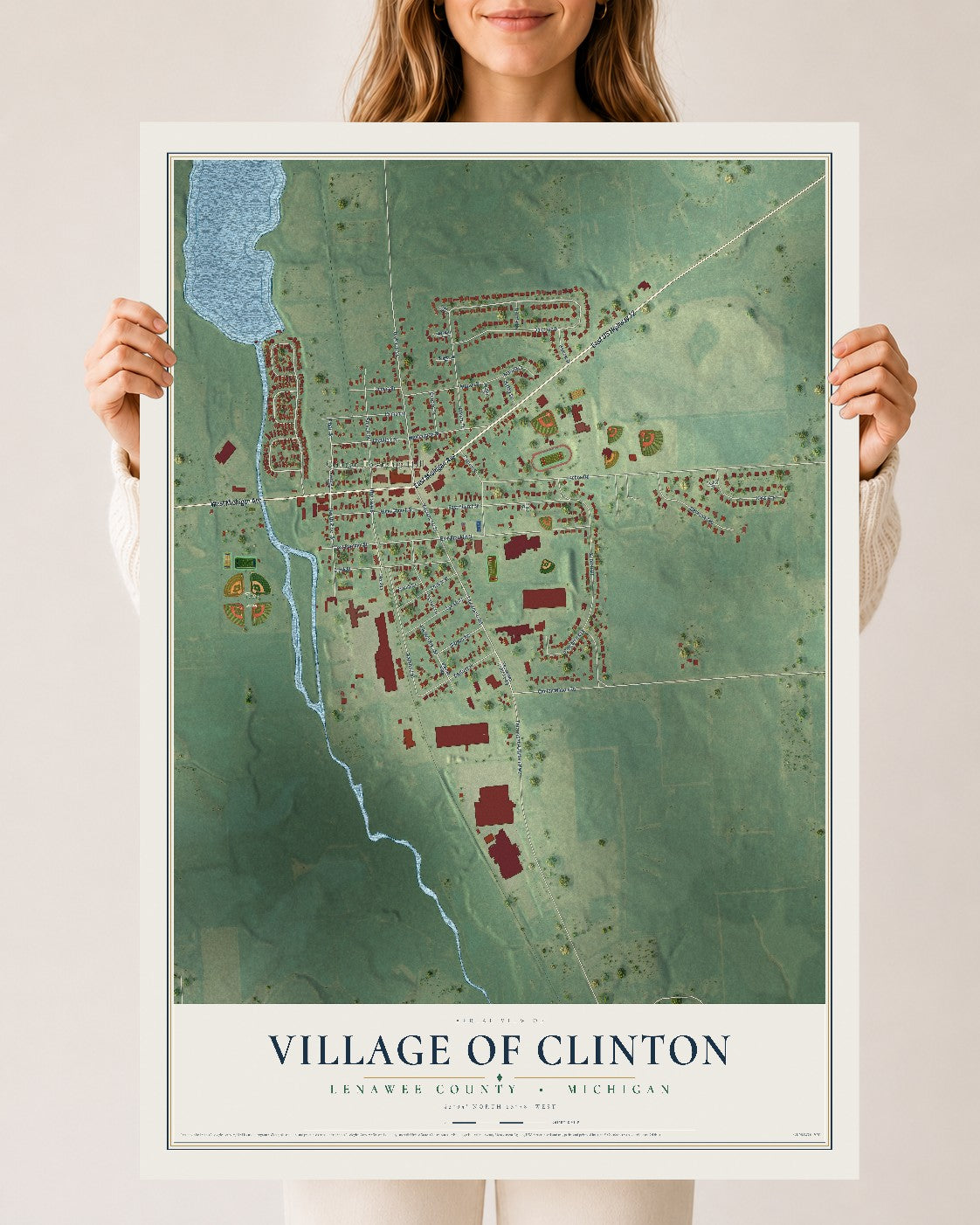 Map of Clinton, Michigan, 24 x 36 inch unframed archival matte print