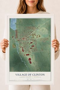 Map of Clinton, Michigan, 18 x 24 inch print in a white wood frame