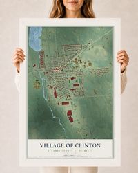Map of Clinton, Michigan, 24 x 36 inch print in a white wood frame