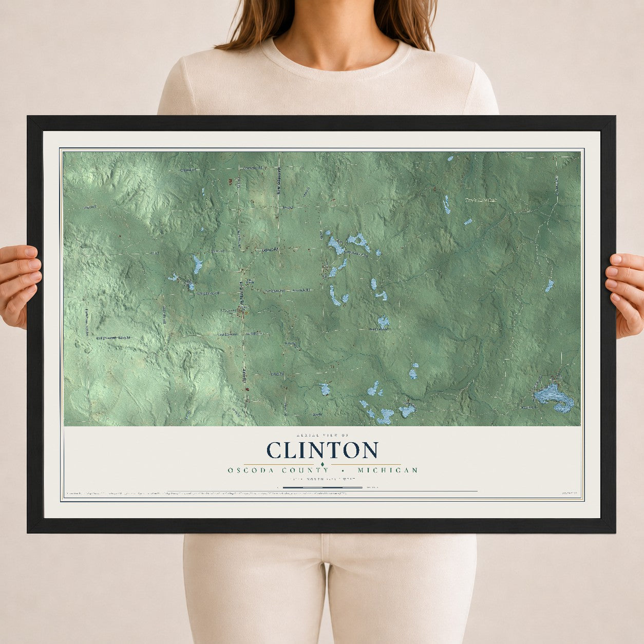 Map of Clinton, Oscoda County, Michigan, 18 x 24 inch print in a black wood frame