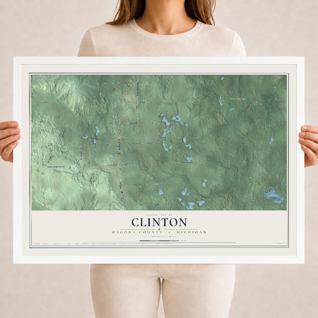 Map of Clinton, Oscoda County, Michigan, 18 x 24 inch print in a white wood frame