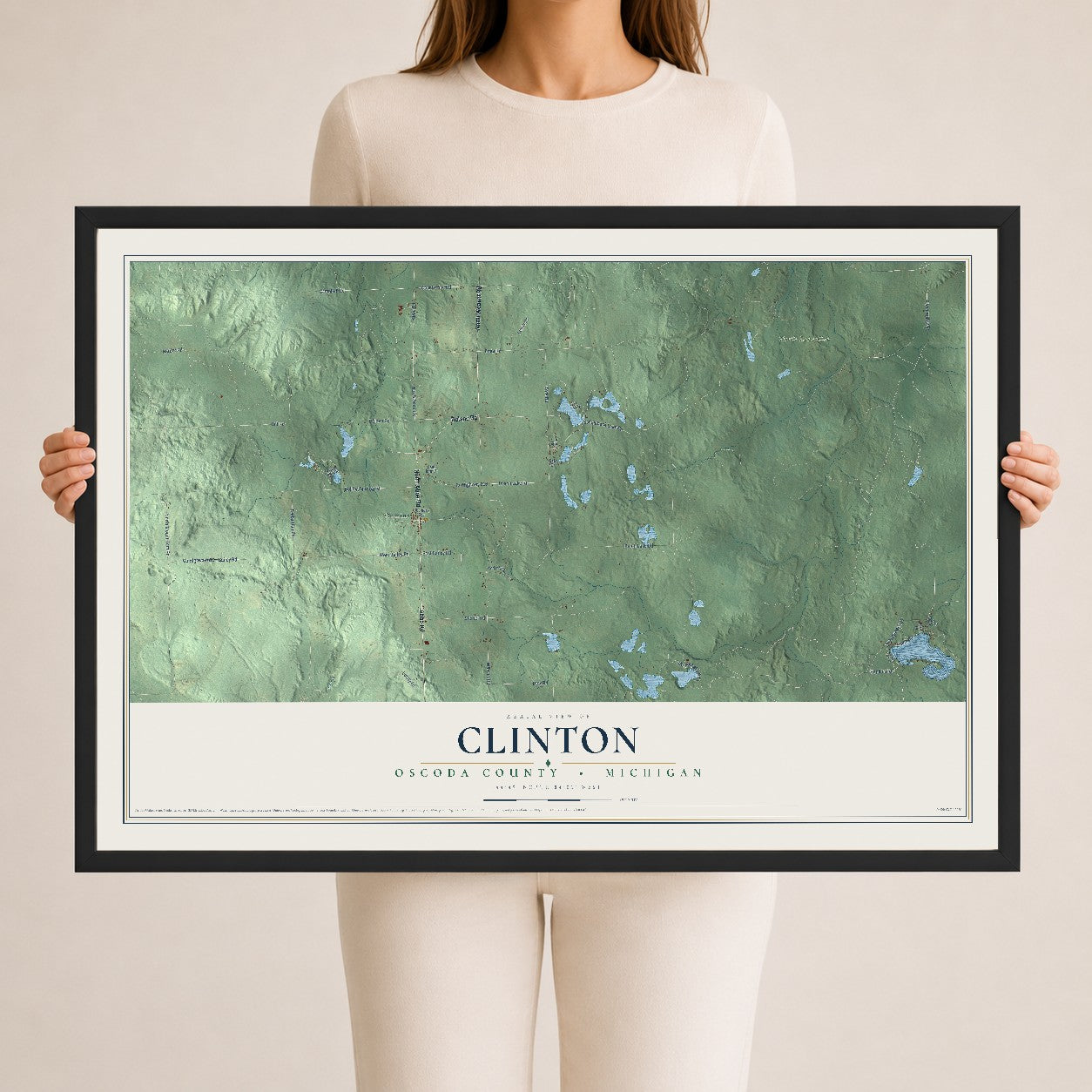 Map of Clinton, Oscoda County, Michigan, 24 x 36 inch print in a black wood frame