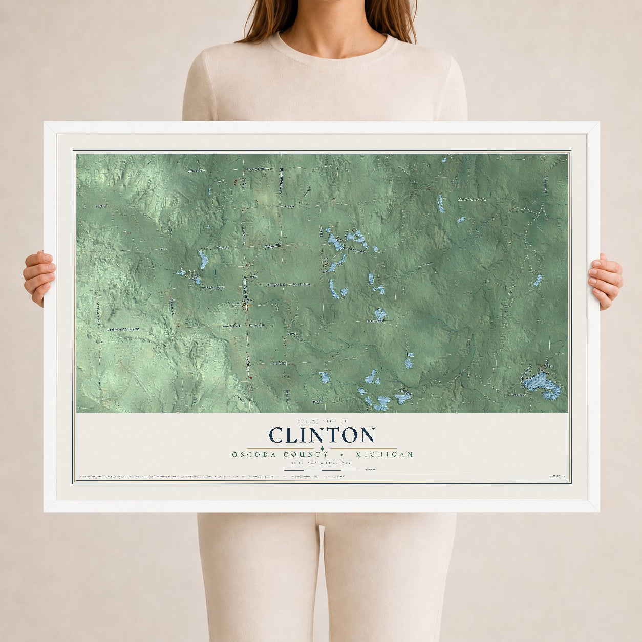 Map of Clinton, Oscoda County, Michigan, 24 x 36 inch print in a white wood frame