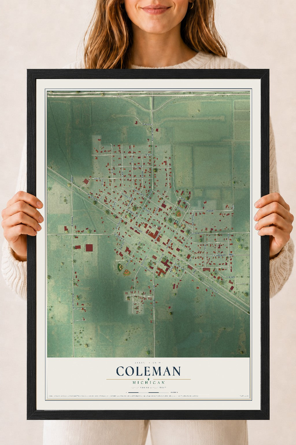 Map of Coleman, Michigan, 18 x 24 inch print in a black wood frame
