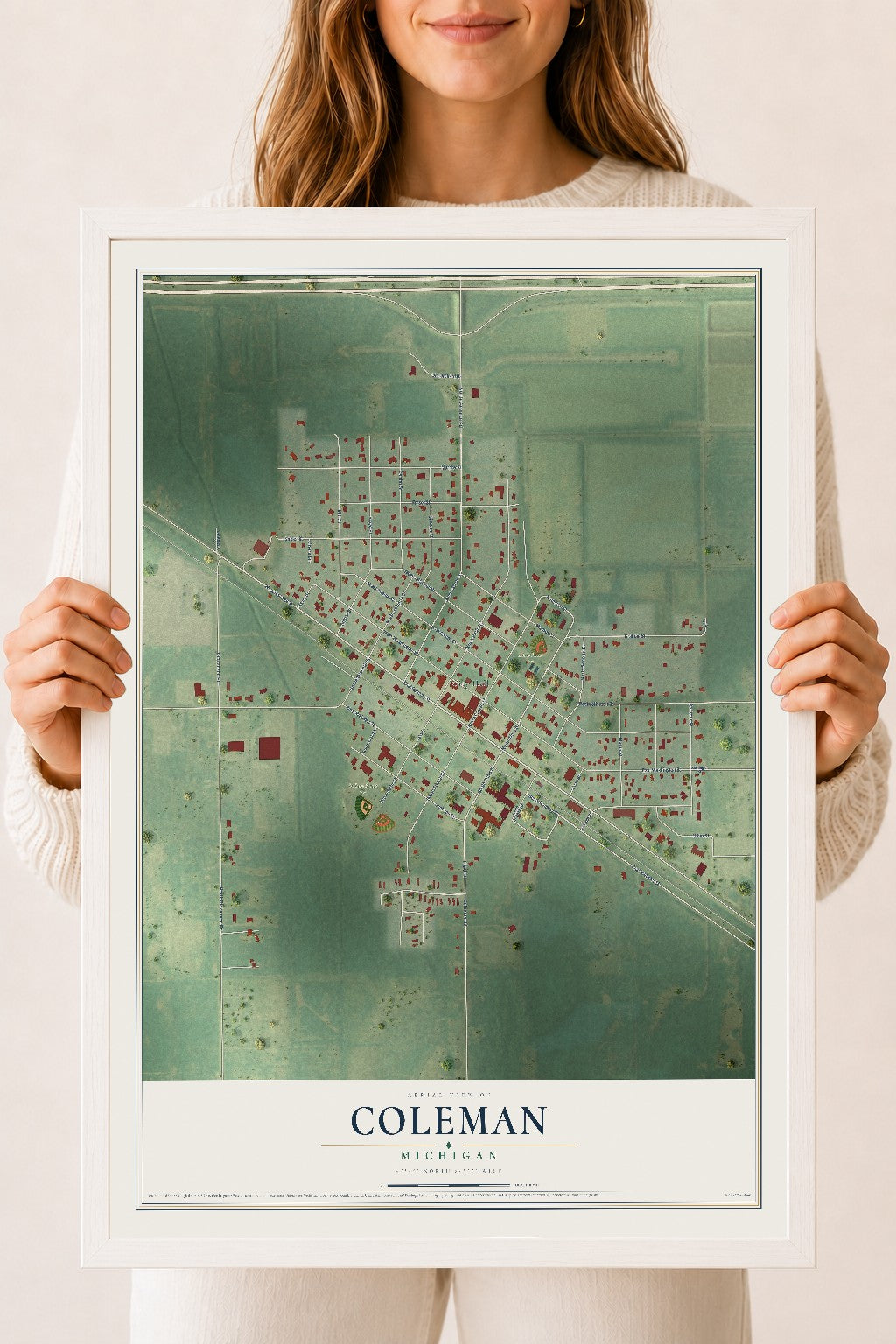 Map of Coleman, Michigan, 18 x 24 inch print in a white wood frame