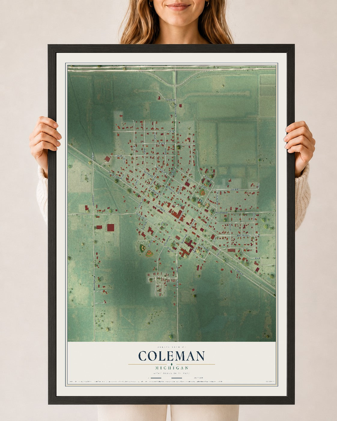 Map of Coleman, Michigan, 24 x 36 inch print in a black wood frame