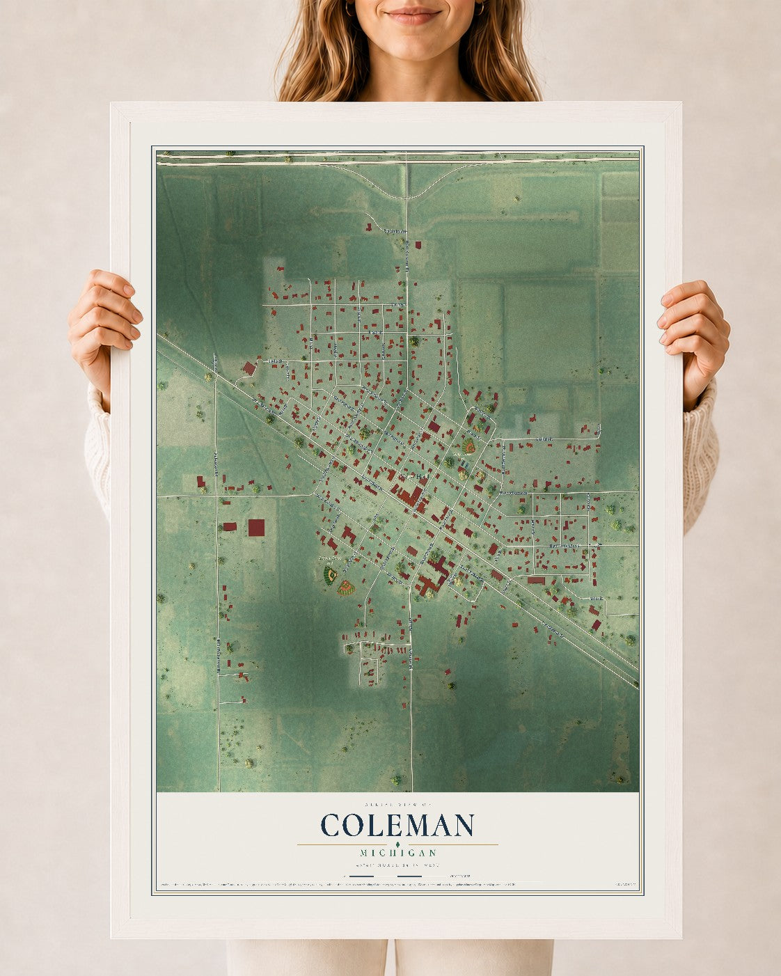 Map of Coleman, Michigan, 24 x 36 inch print in a white wood frame