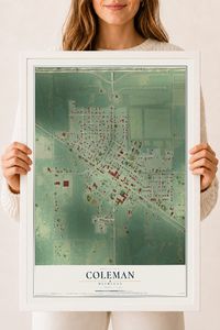 Map of Coleman, Michigan, 18 x 24 inch print in a white wood frame